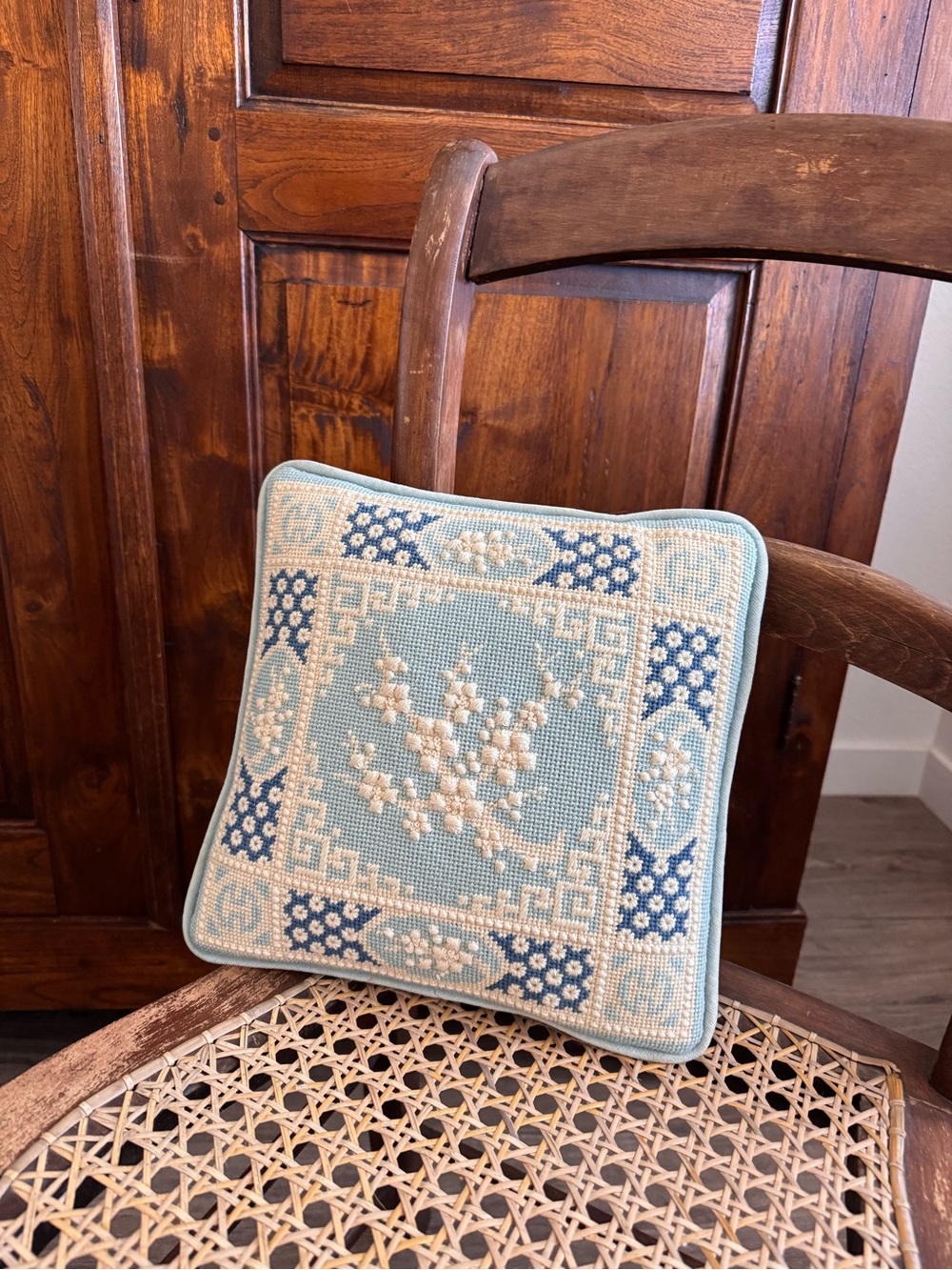 Vintage Needlepoint Small Acent Pillow Blue and Cream
